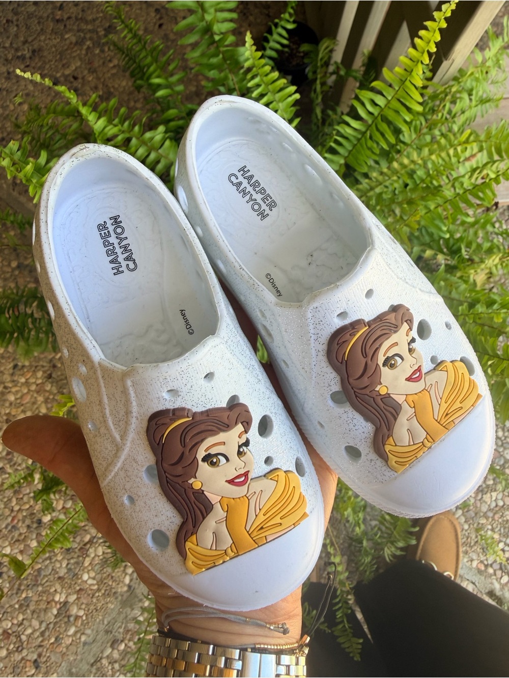 Harper Canyon White Slip-On Clogs with Yellow Belle Character Charms
